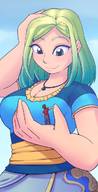 drawing large_breasts long_hair handheld cleavage smiling green_hair unknown_artist shrunken_man looking_down necklace