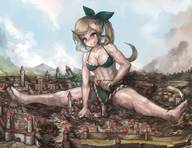 bikini drawing blushing blonde long_hair destruction ribbon sweat castle smiling yilx ponytail sitting muscles town looking_down outdoors legs_spread