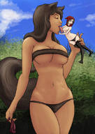 drawing giantess panties tail blonde color licking handheld cleavage bra stockings topless closed_eyes wolf_girl freimgul