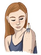 drawing gentle color brunette shrunken_man on_shoulder no_background looking_at_tiny kitn-underfoot