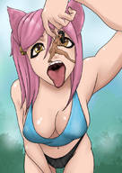 drawing nude panties vore color cleavage bra yellow_eyes pink_hair unknown_artist shrunken_woman open_mouth cat_girl between_fingers