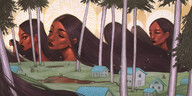 drawing giantess black_hair color village giantesses lake forest trees red_skin ejiwa_ebenebe artofedge