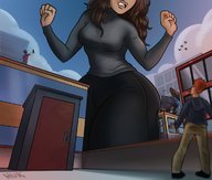 breasts drawing giantess city mega color long_hair butt destruction buildings brunette thighs outdoors sweater water_tower helpukaiju