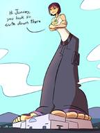 drawing giantess color toes buildings mountains clouds necklace dialogue multicolored_hair caiman2 6teen