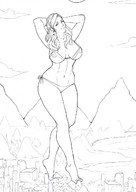 bikini drawing giantess giga city monochrome large_breasts destruction barefoot looking_at_viewer
