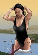 drawing giantess mega black_hair color swimsuit bridge destruction looking_down jets straddling ships golden_gate_bridge spuski