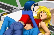 drawing giantess blonde color long_hair buildings blue_hair smiling lying_down giantesses closed_eyes heterochromia speedyhimura