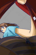 drawing blushing long_hair brunette smiling unknown_artist nylons looking_down trapped inside_pantyhose