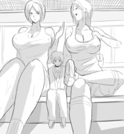 drawing blushing monochrome long_hair cleavage huge_breasts sweat short_hair mini_giantess sitting giantesses soryuu