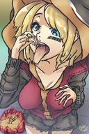 drawing vore blonde color blue_eyes cleavage saliva shrunken_people open_mouth dangle between_fingers looking_at_victim internal_view embernaga