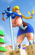 drawing giantess blonde dragon color sword buildings green_eyes huge_breasts see_through_clothing tentaskul