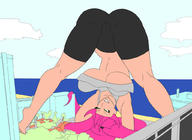 drawing giantess color barefoot cleavage water buildings green_eyes pink_hair upsidedown subesan