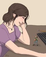 drawing gentle color clothed brunette smiling short_hair shrunken_man looking_down desk closed_eyes necklace keyboard kitn-underfoot