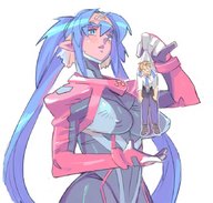 drawing giantess long_hair blue_eyes clothed handheld cleavage anime nipping macross_frontier blue_hair macross low_angle klan_klein gloves shrunken_man dangle