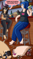 drawing feet color long_hair jeans blue_hair sweat shrunken_men pink_nails between_toes under_foot tattoo bar top commission black_nails tokogiantsu solar mansquishers solarheart21