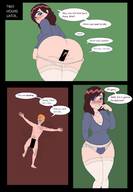 drawing insertion panties blushing comic large_breasts long_hair brunette smiling couple socks short_hair censored indoors screeeow dialogue panels thick_thighs