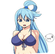 drawing large_breasts long_hair blue_hair unknown_artist open_mouth bikini_top no_background between_breasts aqua_(konosuba)