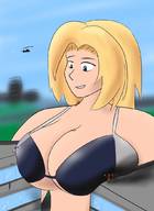 drawing gentle giantess blonde color large_breasts cleavage bra buildings helicopter on_shoulder feyzer between_breasts