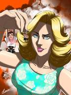 drawing blonde color blue_eyes yellow_eyes shrunken_woman between_fingers looking_at_tiny balbahans