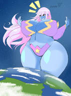 drawing giantess earth giga space color planet cleavage huge_breasts yellow_eyes pink_hair cosmic_giantess high-on-fairydust