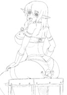 drawing panties monochrome large_breasts bra butt_crush shrunken_men sitting looking_back looking_at_viewer no_background pointed_ears on_breasts tomahawk