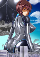 drawing giantess city mega color large_breasts destruction butt_crush red_eyes brunette sitting looking_down tomahawk