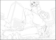drawing giantess city monochrome destruction kneeling looking_down tomahawk