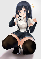 drawing panties upskirt black_hair large_breasts long_hair smiling socks unknown_artist looking_down crouching thick_thighs no_background