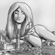 drawing nude city monochrome long_hair destruction buildings lying_down looking_down outdoors a-p-h-r-o-d-i-t-e