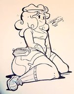 drawing giantess monochrome clothed helicopter smiling sitting looking_down curly_hair thick_thighs no_background bare_midriff on_kinky