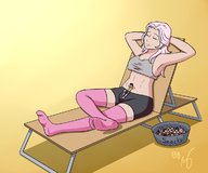 drawing long_hair futanari cleavage socks pink_hair lying_down sitting bulge shrunken_woman closed_eyes top implied_vore no_background bare_midriff bytesized4