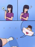 drawing blushing comic black_hair long_hair clothed socks shrunken_woman looking_down looking_up panels letter shivering bytesized4