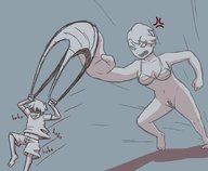 drawing bra angry short_hair unknown_artist bottomless running shrunken_man running_away chasing sharp_teeth no_background