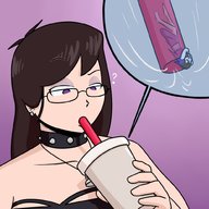 drawing long_hair glasses brunette drink shrunken_woman drinking choker necklace straw imminent_vore no_background cutaway heavy_eyeshadow bytesized4