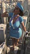 breasts giantess vore city mega large_breasts destruction clothed toes barefoot rampage cleavage brunette train gloves ponytail uniform airplane walking open_mouth outdoors hat belt flight_attendant scarf digital_render amgipi mass_vore