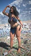 breasts vore city mega black_hair large_breasts long_hair destruction barefoot buildings open_mouth outdoors ankle_bracelet thick_thighs skimpy_clothing digital_render holding_over_mouth amgipi mass_vore