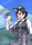 drawing giantess city black_hair color large_breasts blue_eyes buildings cat_ears sweat short_hair sitting cat_girl outdoors power_lines fan bigsis_iyashi