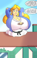 drawing blonde color blue_eyes huge_breasts outgrowing_building alice_in_wonderland earrings ripped_clothing dialogue alice goattrain