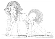 drawing blushing tail monochrome long_hair clothed huge_breasts mini_giantess crawling collar looking_down hugging dog_girl omametarou8492