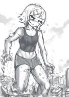 drawing giantess blushing city mega monochrome destruction rampage buildings saliva smiling yilx short_hair muscles rubble outdoors
