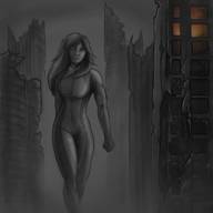 breasts drawing giantess city monochrome long_hair destruction outdoors jumpsuit skintight_clothing a-p-h-r-o-d-i-t-e