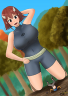 drawing giantess horns large_breasts brunette short_hair kneeling looking_down forest outdoors bike orenji skintight_clothing sweat_drop