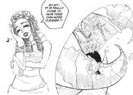 drawing micro vore monochrome clothed smiling unknown_artist unaware shrunken_man dialogue panels snot no_background nasal_vore mucus inside_nose drill_hair