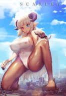 breasts drawing nipples giantess horns city mega color large_breasts destruction handheld barefoot unknown_artist heterochromia pointed_ears