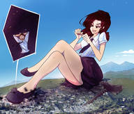 drawing giantess collage giga city color butt destruction skirt brunette sitting legs_crossed angelgts cutaway