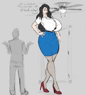 drawing monochrome black_hair color high_heels huge_breasts mini_giantess unknown_artist indoors
