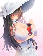 drawing gentle black_hair color cleavage shrunken_man hat orange_eyes looking_at_tiny between_breasts epe