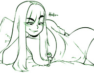 drawing blushing monochrome long_hair smiling unknown_artist looking_down inside_clothing dialogue no_background sweat_drop