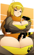 breasts drawing giantess blonde long_hair cleavage huge_breasts looking_down ahoge pushing panels no_background scarf rwby ruby_rose yang_xiao_long ravenravenraven between_breasts