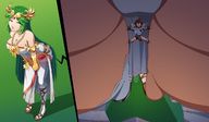 drawing panties upskirt color large_breasts long_hair butt high_heels stockings green_hair dress between_legs thighs ankle_bracelet necklace inside_clothing pit palutena kid_icarus ravenravenraven